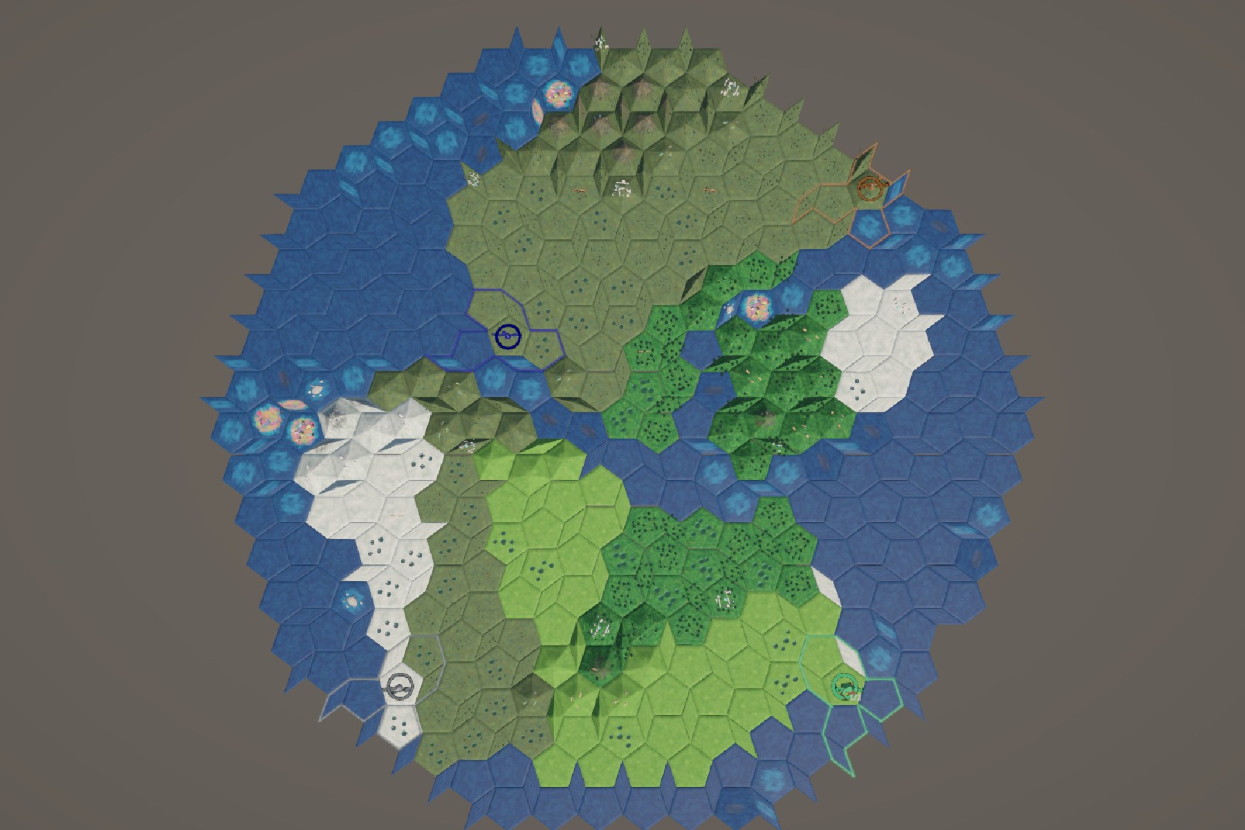 A Continents map: a few large landmasses split by water
